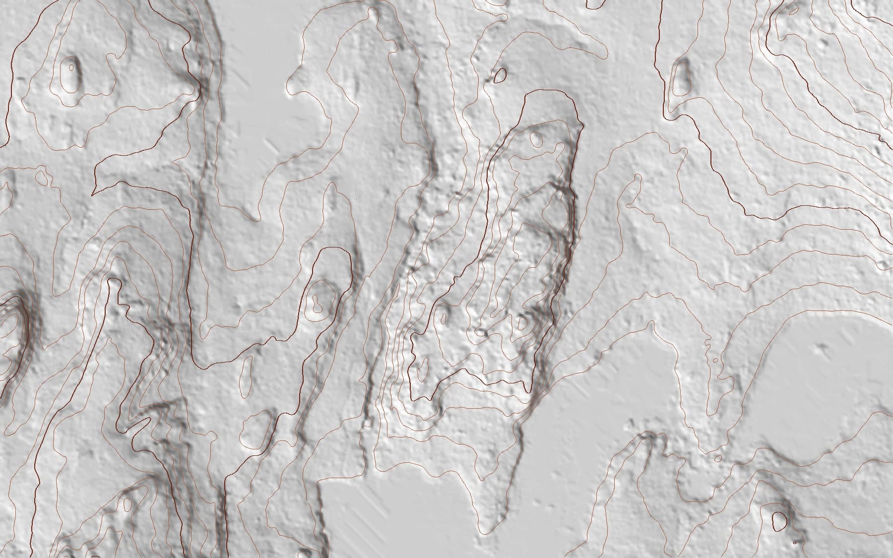 Hillshaded bare-earth LiDAR surface with 2 m contours over hummocky terrain