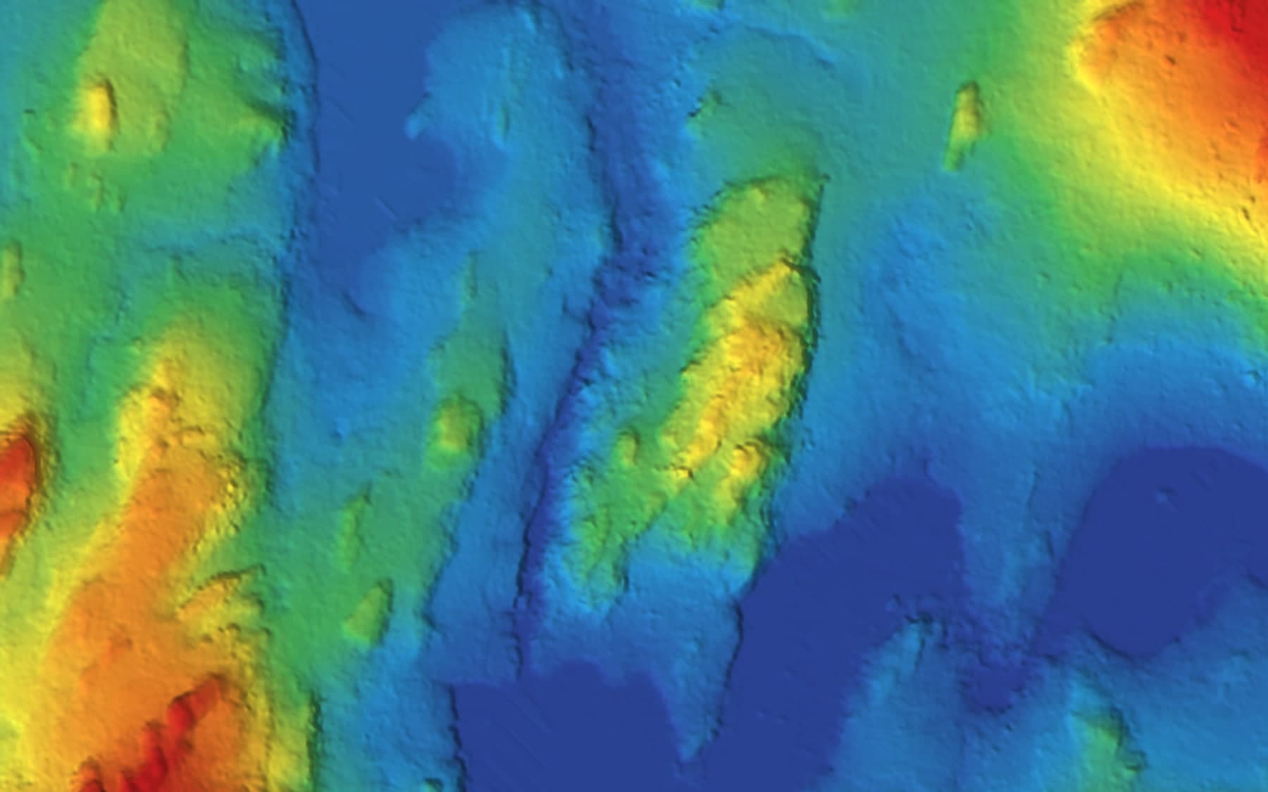 Bare-earth LiDAR elevation model of low ridges and kettles, coloured by height