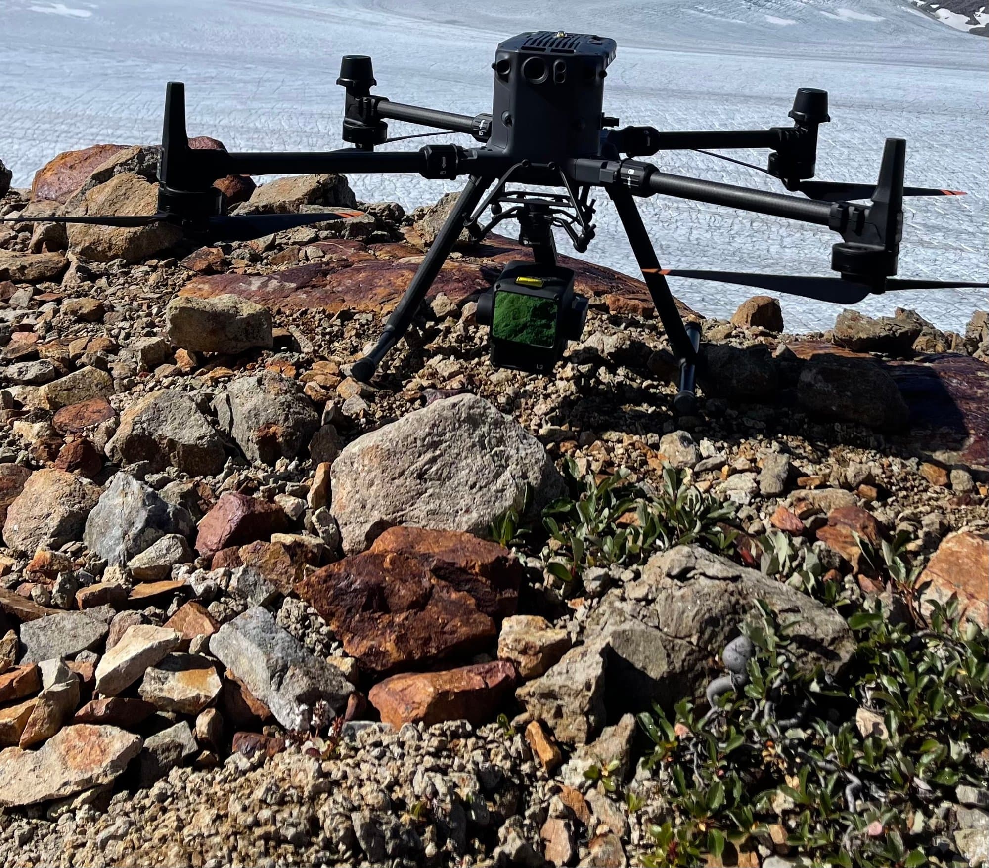 LiDAR drone staged on alpine rock
