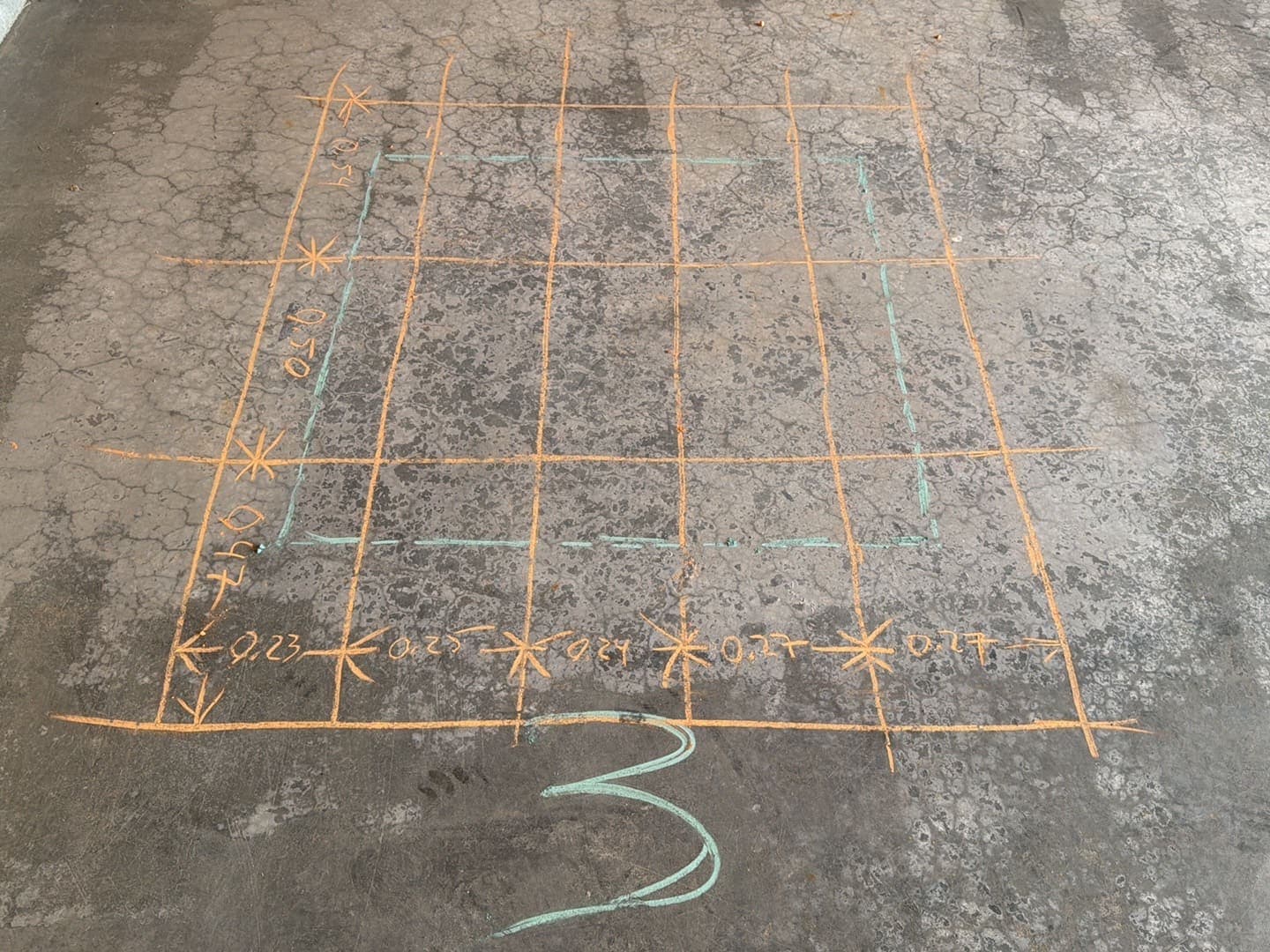 Rebar grid marked on a slab after a concrete scan, with cover depths noted and the cut area cleared