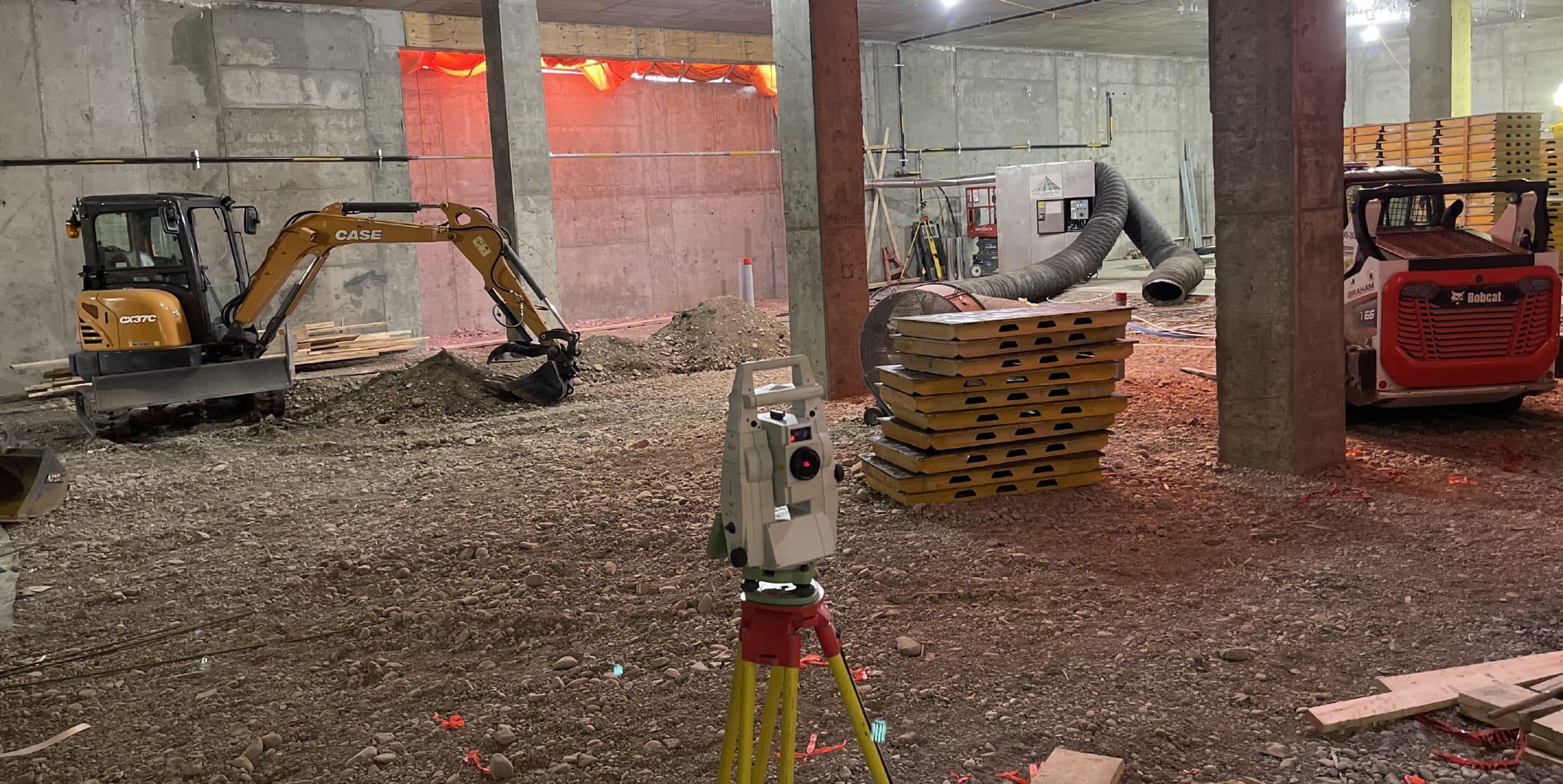 Interior construction layout with robotic total station in an Edmonton building