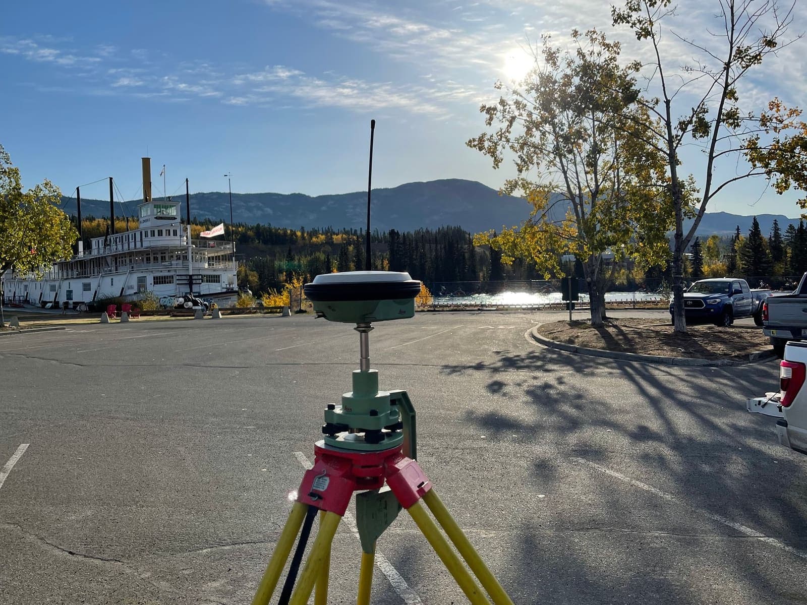 GNSS setup near the paddlewheeler on the Whitehorse waterfront