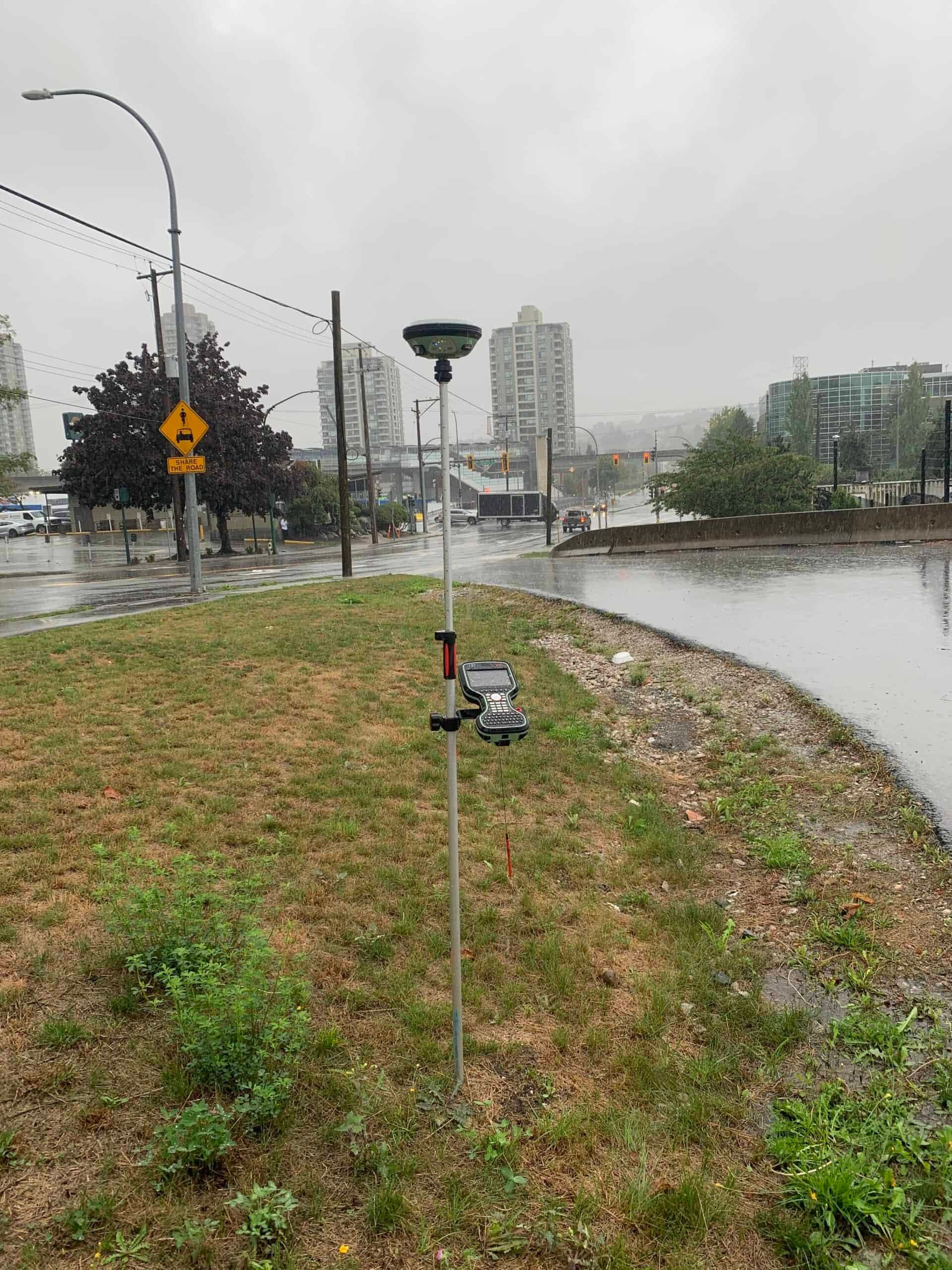 GNSS survey on a rainy Vancouver waterfront