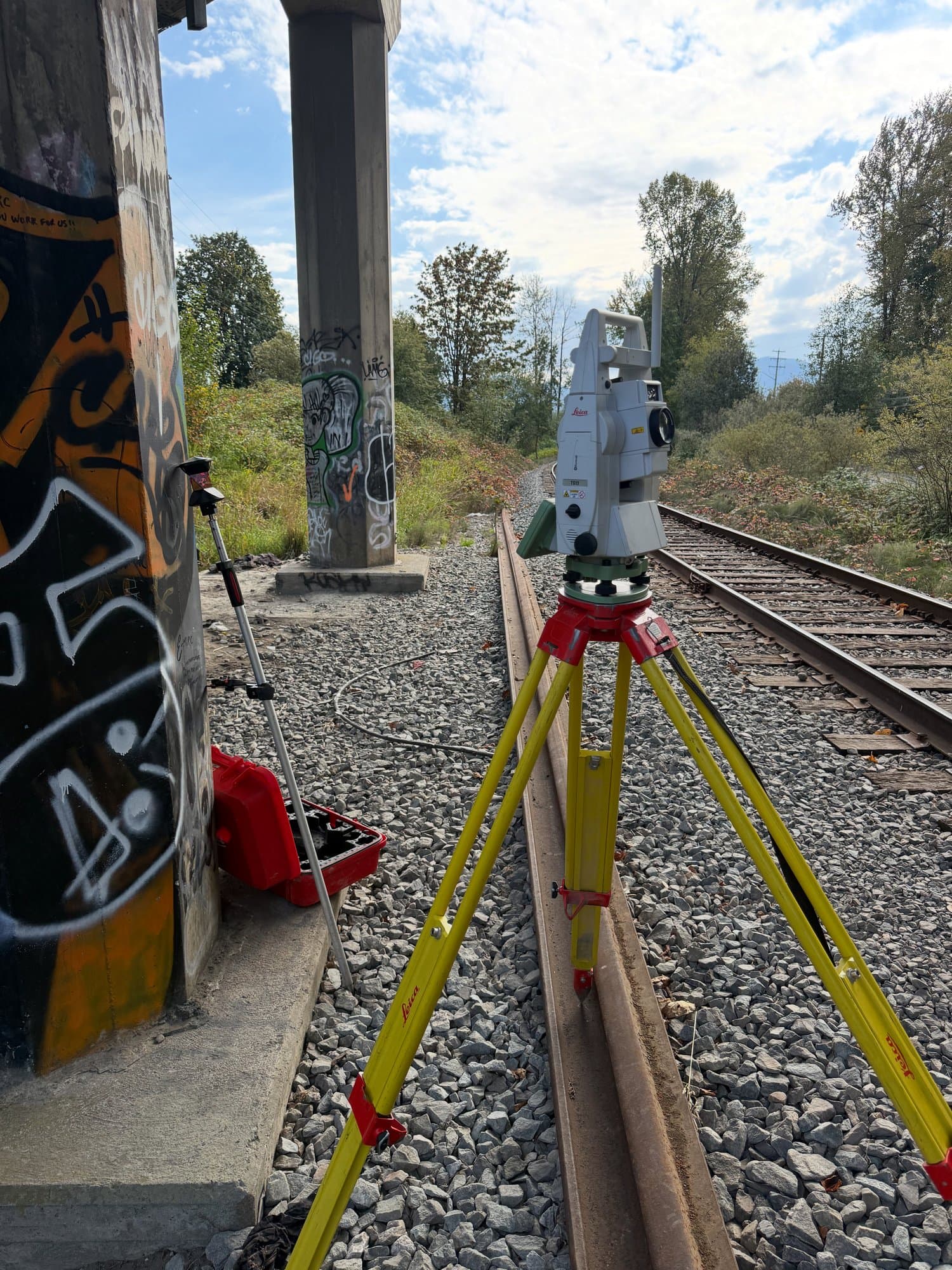 Total station set up between rail tracks on a corridor survey