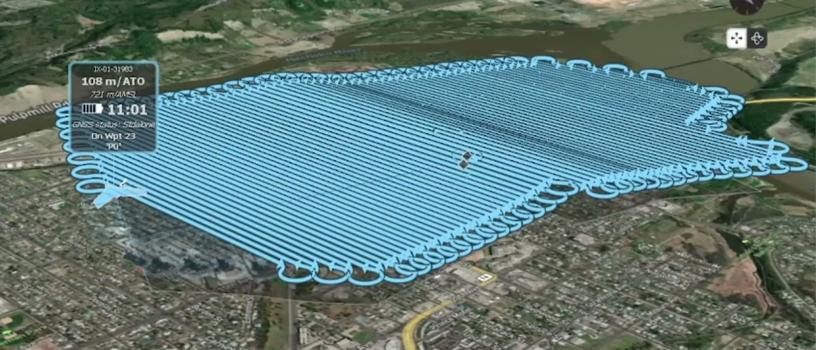 Drone mission planning software drawing flight lines over a site