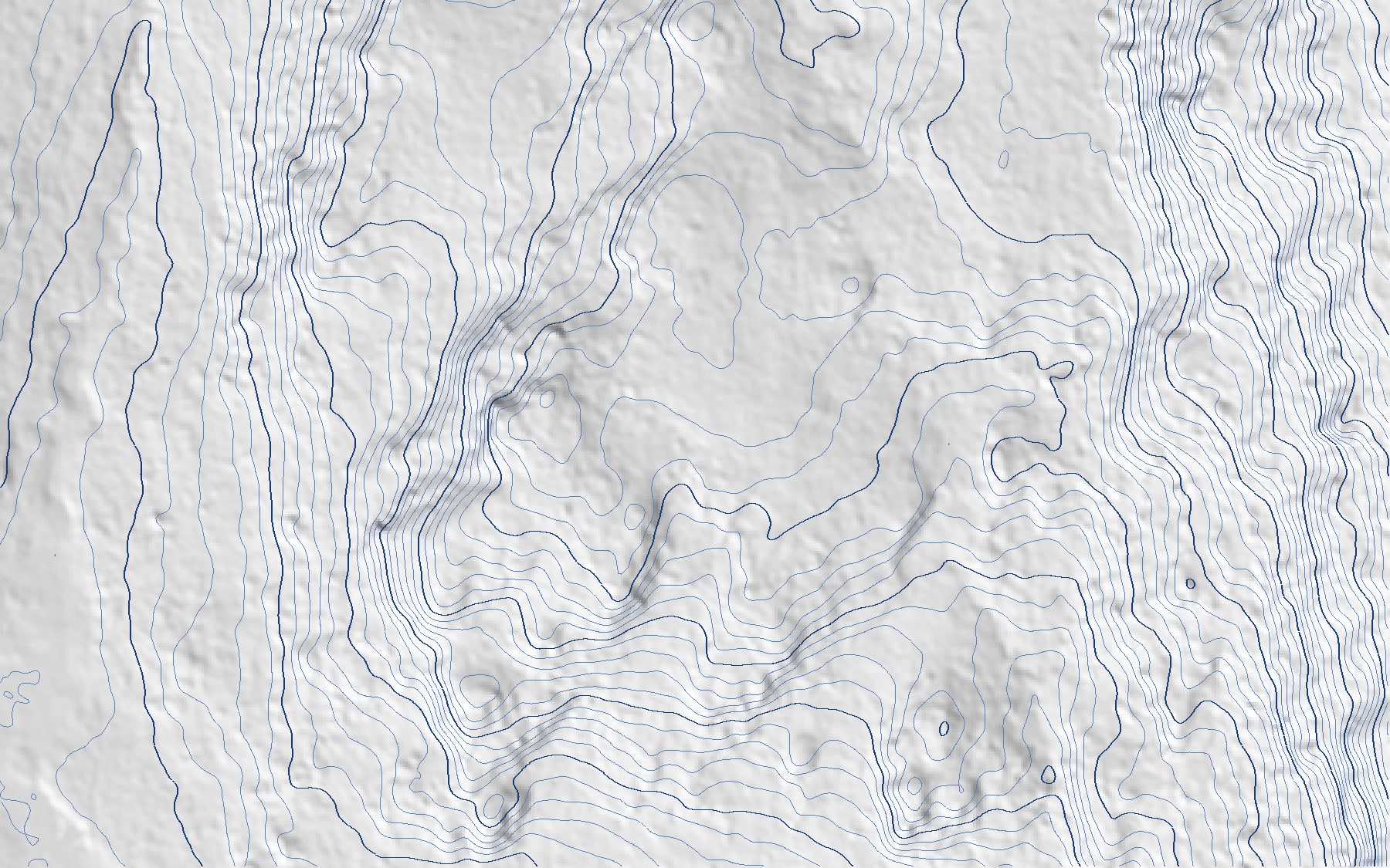 One-metre contours generated from a drone LiDAR bare-earth surface, draped over a hillshade, with index contours every five metres