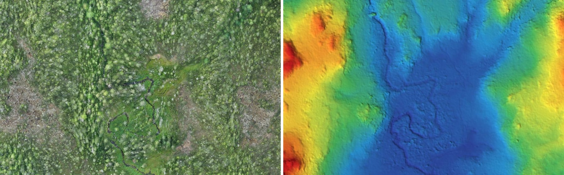 Side by side: drone orthophoto of a northern bog with a meandering creek, and the bare-earth LiDAR elevation model of the same ground