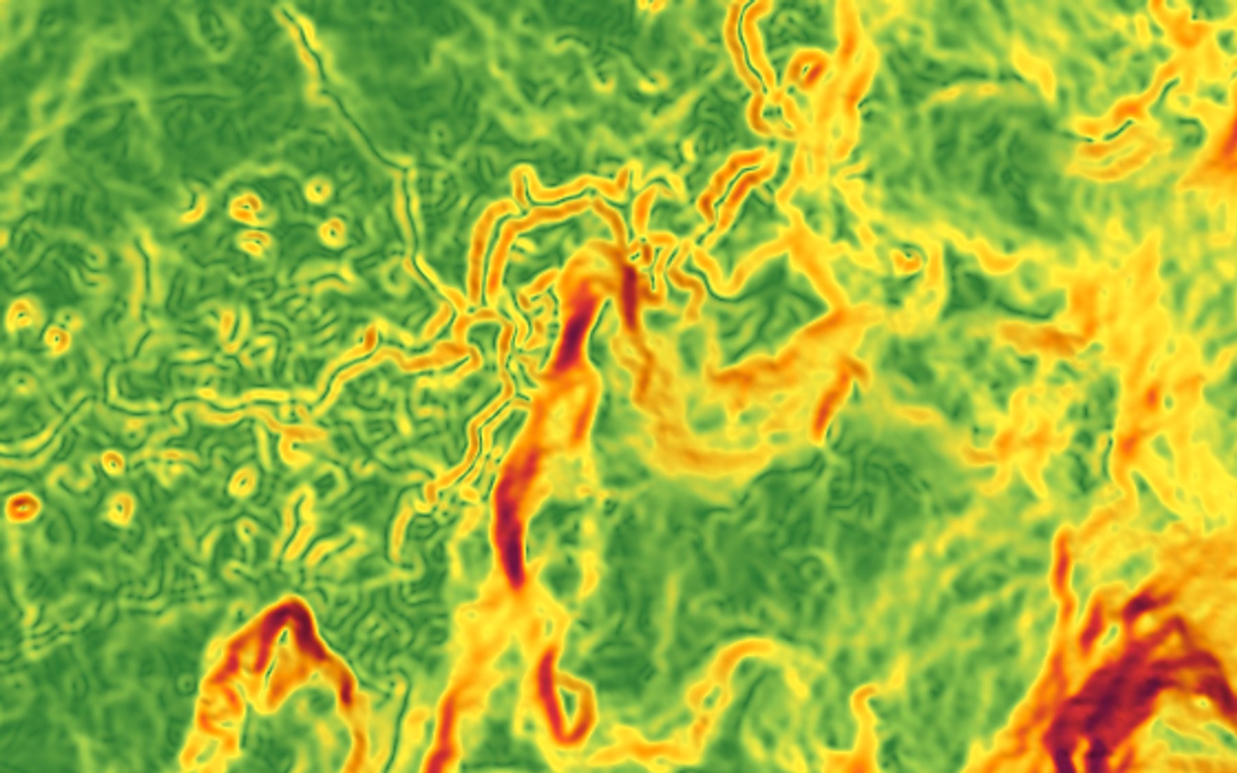 Slope map derived from a LiDAR terrain model: flat ground in green, moderate slopes in yellow, steep banks and gullies in red