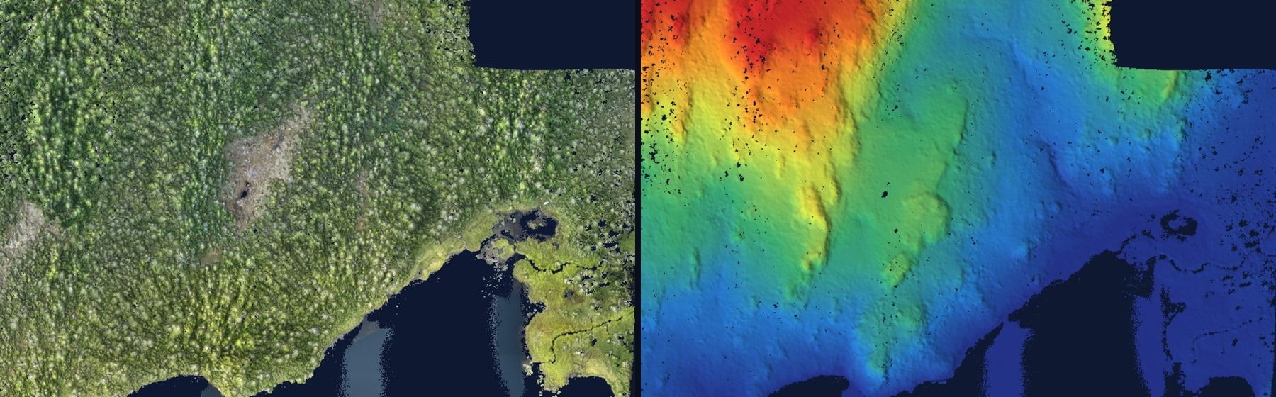 Side by side from above: a drone orthophoto of forest and lake beside the LiDAR bare-earth model of the same ground showing the hidden terrain