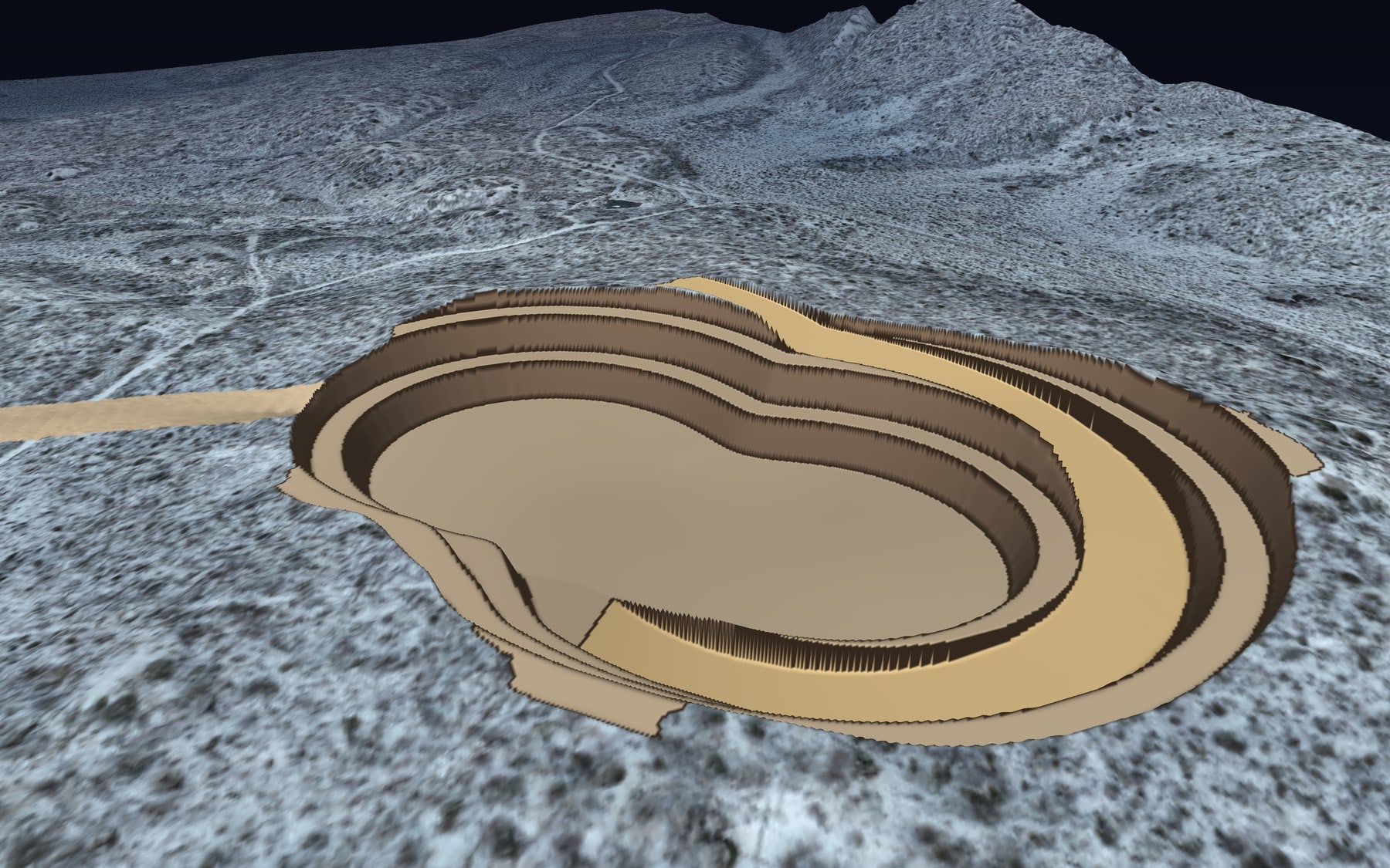 Low oblique 3D view across the open pit design from the rim, showing the bench faces, catch berms, the ramp cut into the walls and the flat pit floor