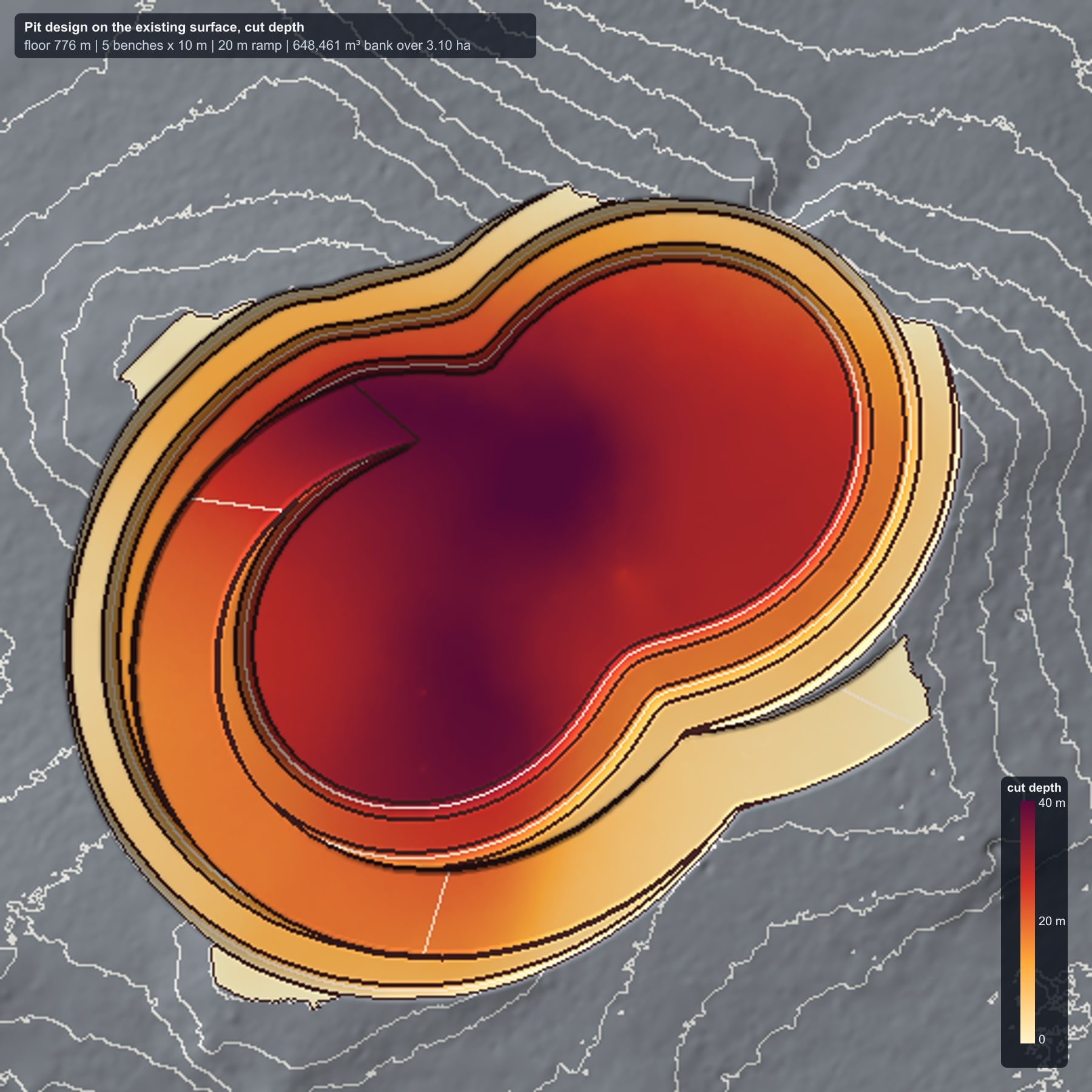 Cut depth map of the open pit design over hillshaded terrain with contours: pale yellow at the crest grading through orange and red to deep purple where the cut is 40 metres