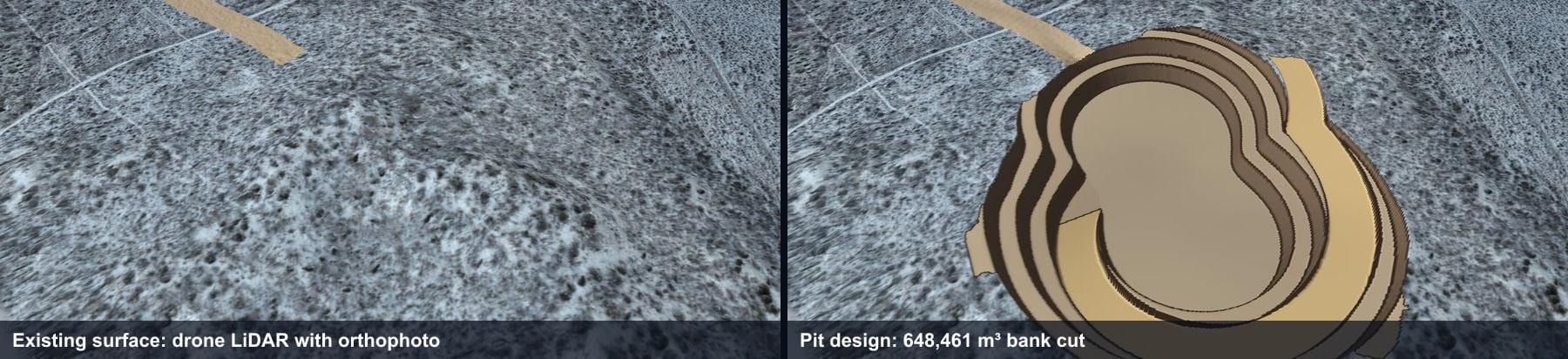 Side by side 3D views of the same knoll: the existing drone LiDAR surface draped with the winter orthophoto on the left, and the pit design cut into it on the right