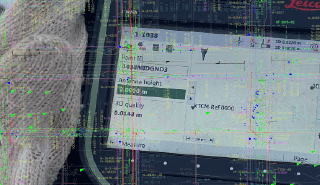 Leica survey controller being operated by a worker wearing gloves, displaying field measurement data, used for expert surveying services for engineering, construction, and energy companies in BC.