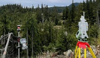 Robotic total station set up for construction on Vancouver Island in Western Canada.