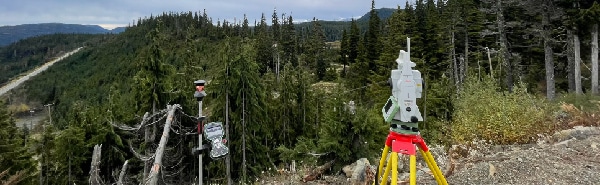 Robotic total station set up for construction on Vancouver Island in Western Canada.