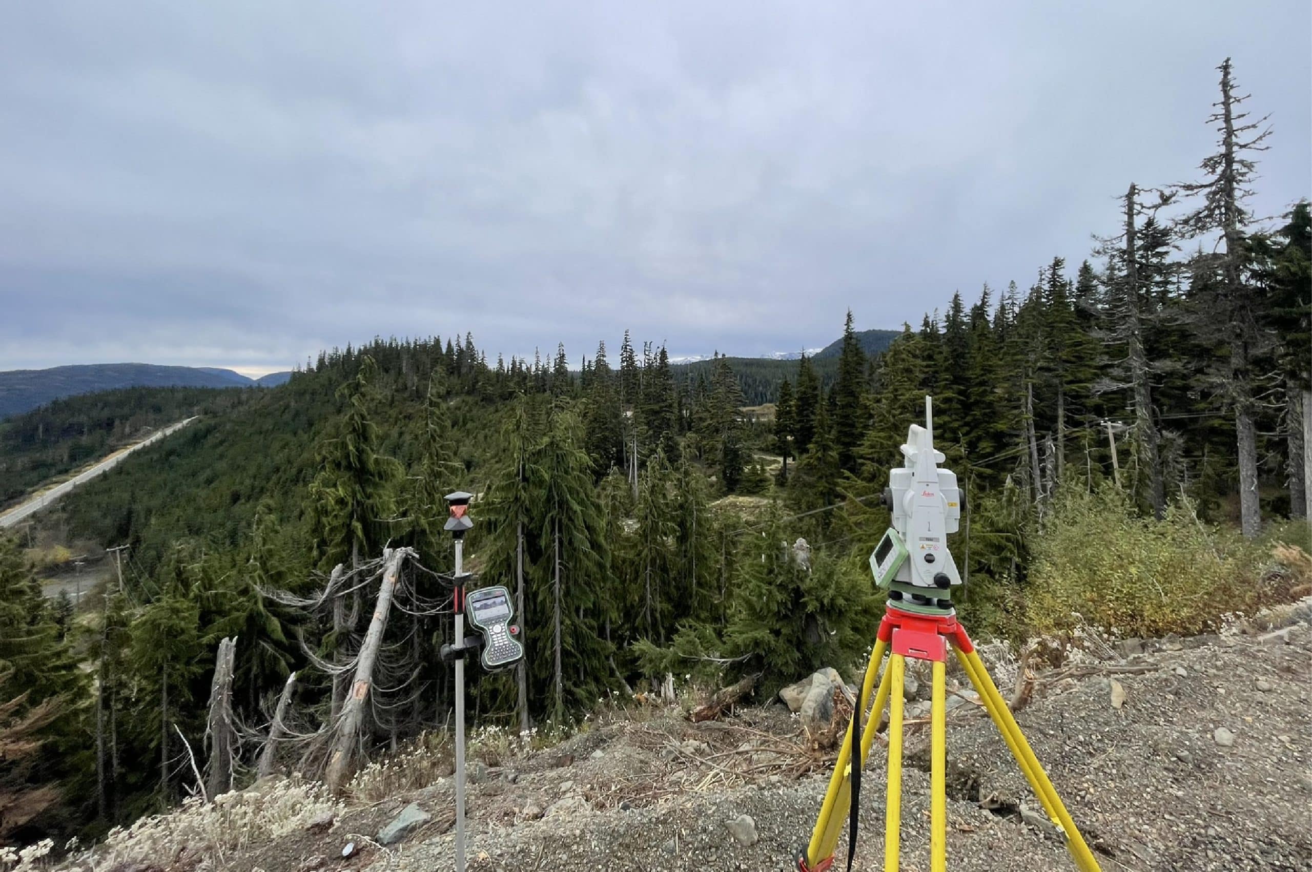 Robotic total station set up for construction on Vancouver Island in Western Canada.