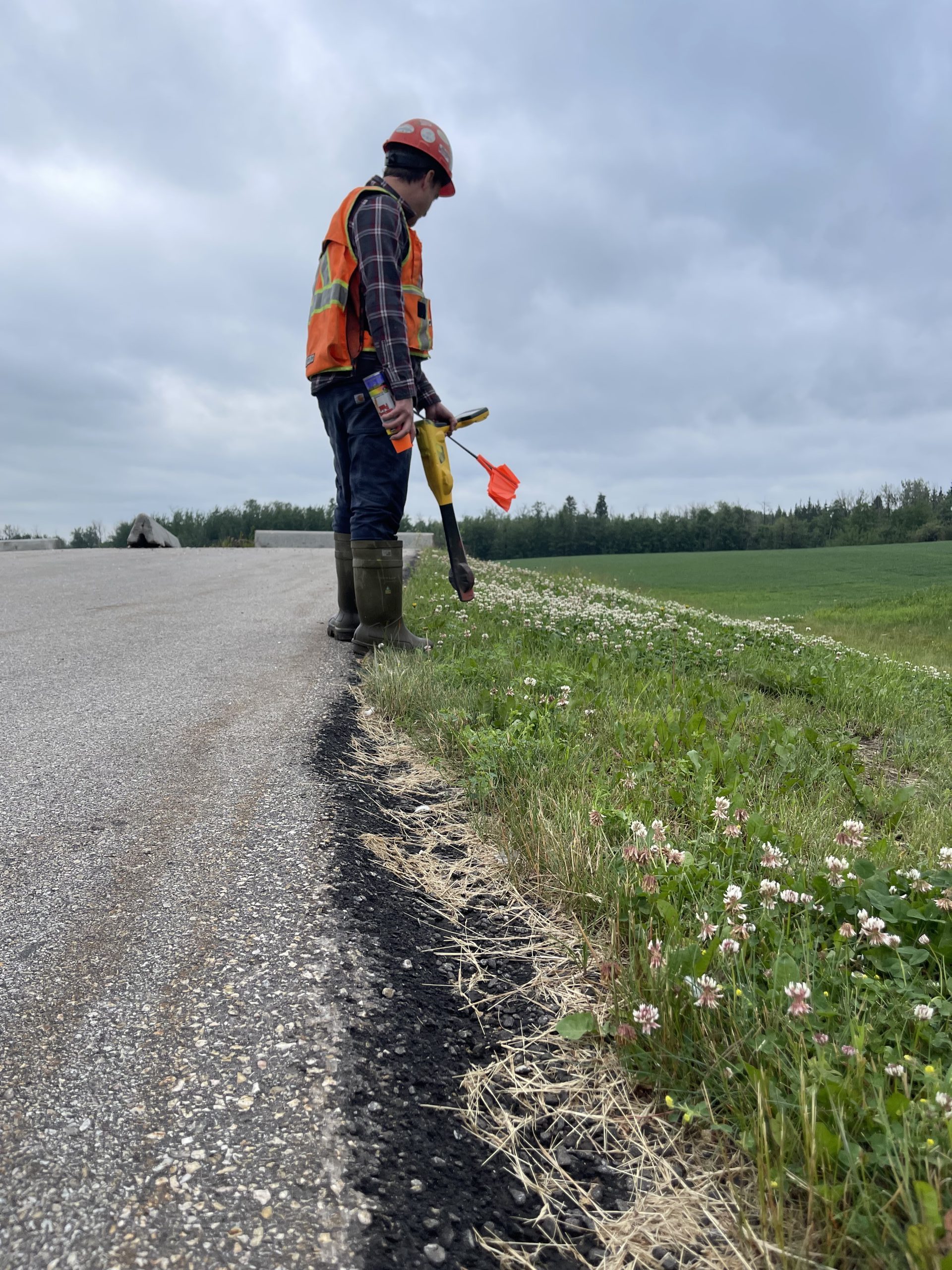 Private line locating technician marking underground utilities before ground disturbance near Edmonton, AB