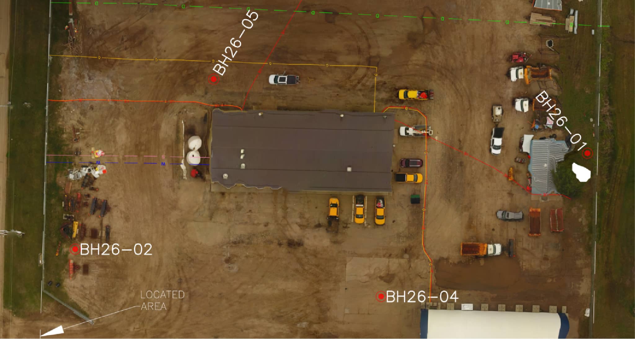 Private utility line locating and mapping for an industrial site before drilling and excavation